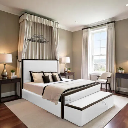 White luxurious upholstered bed with blanket storage box