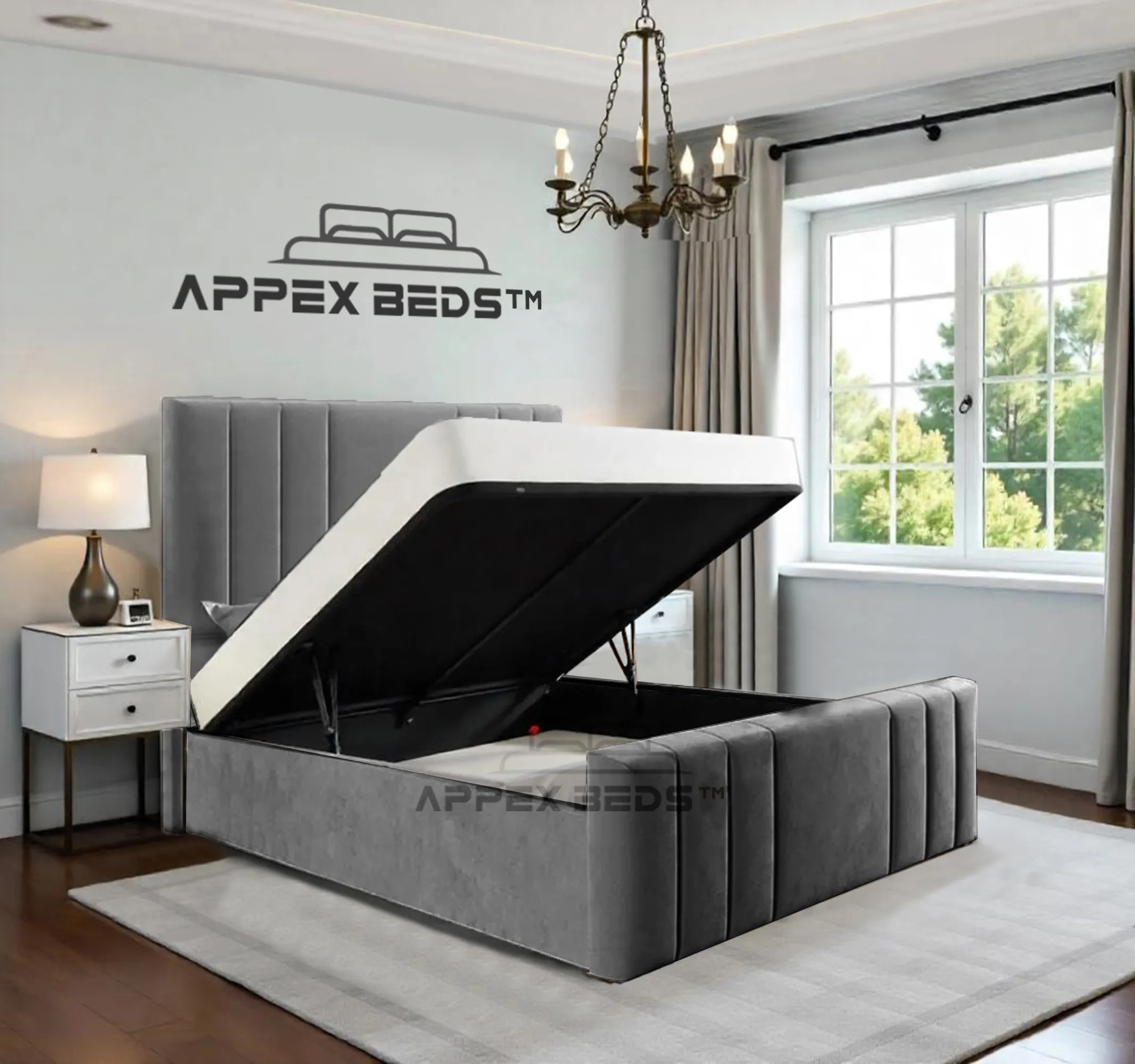 Modern vertical panel ottoman storage bed with gas lift mechanism open, showing spacious hidden storage