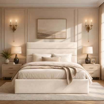 Luxury Horizontal Panel Cream Modern Upholstered Ottoman Storage Bed Frame with Tall Headboard – Available in Single, Double, King & Super King Sizes