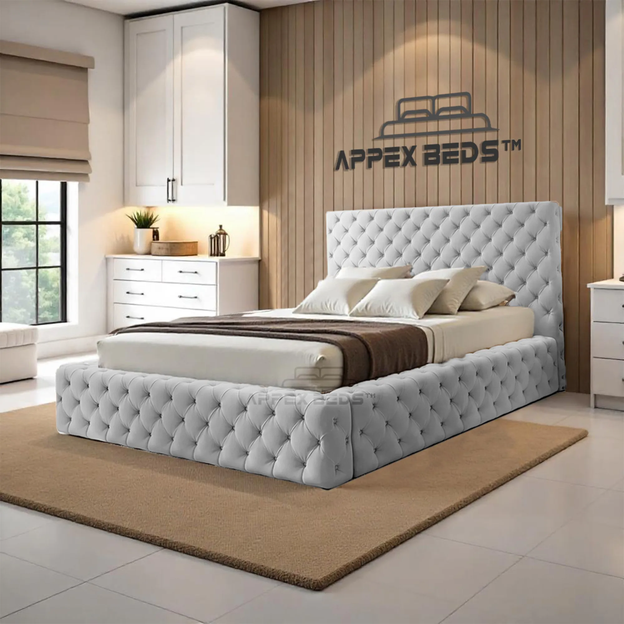 Donatella Ambassador Chesterfield Bed in plush velvet with deep button tufting, wingback headboard and footboard, luxury bedroom furniture UK