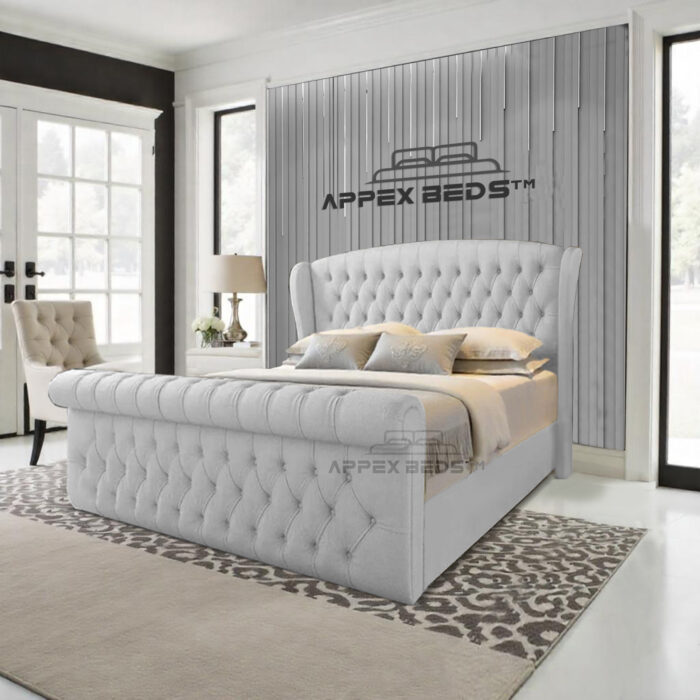 Luxury wingback panel headboard bed in velvet upholstery