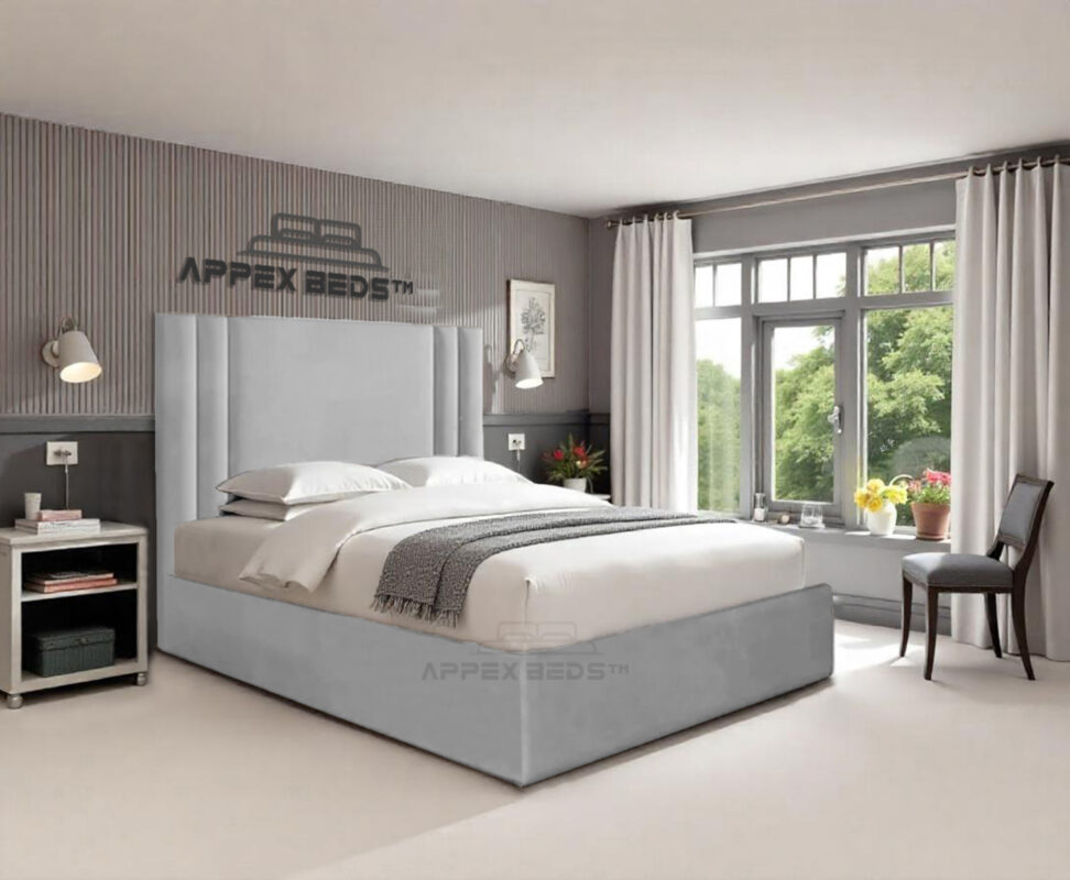 Side view of Amari upholstered storage bed with tall headboard and gas lift ottoman base