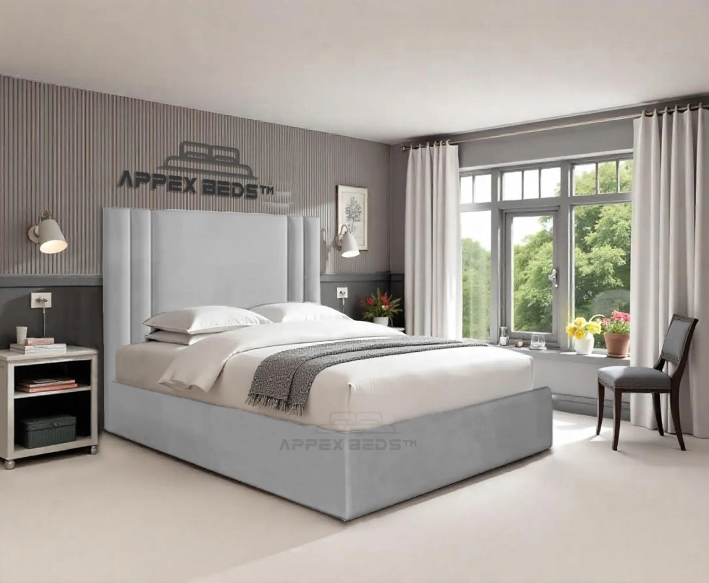 Side view of Amari upholstered storage bed with tall headboard and gas lift ottoman base