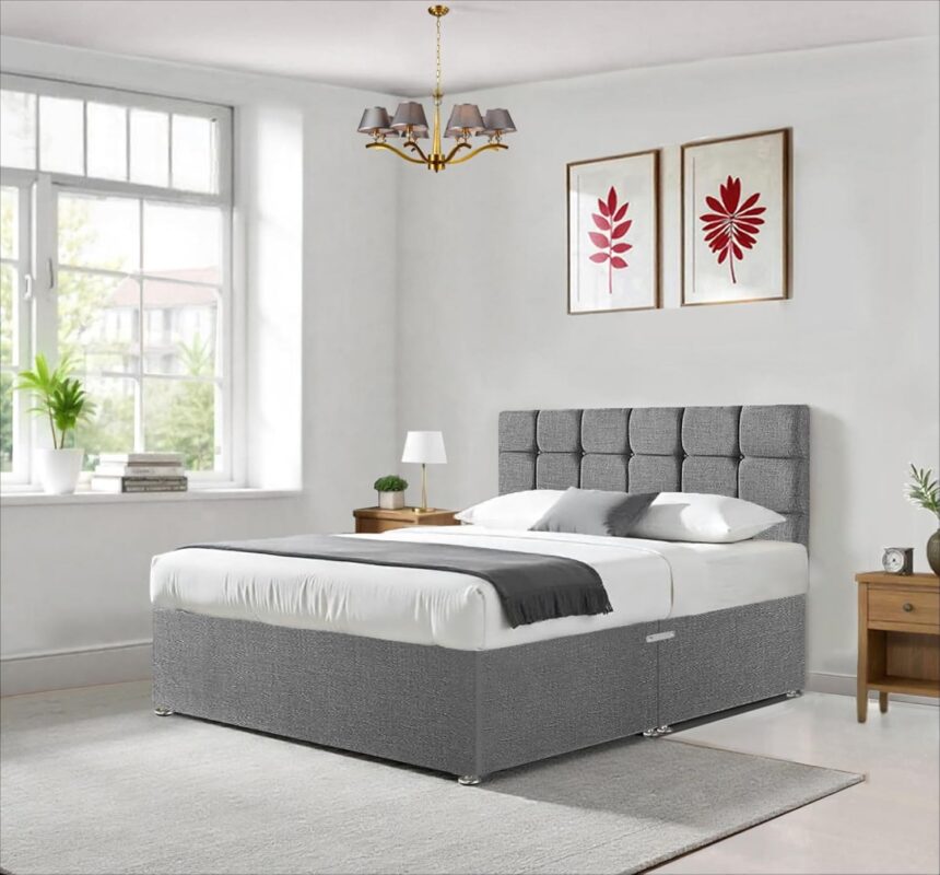 Stylish grey chenille double divan bed frame with storage drawers