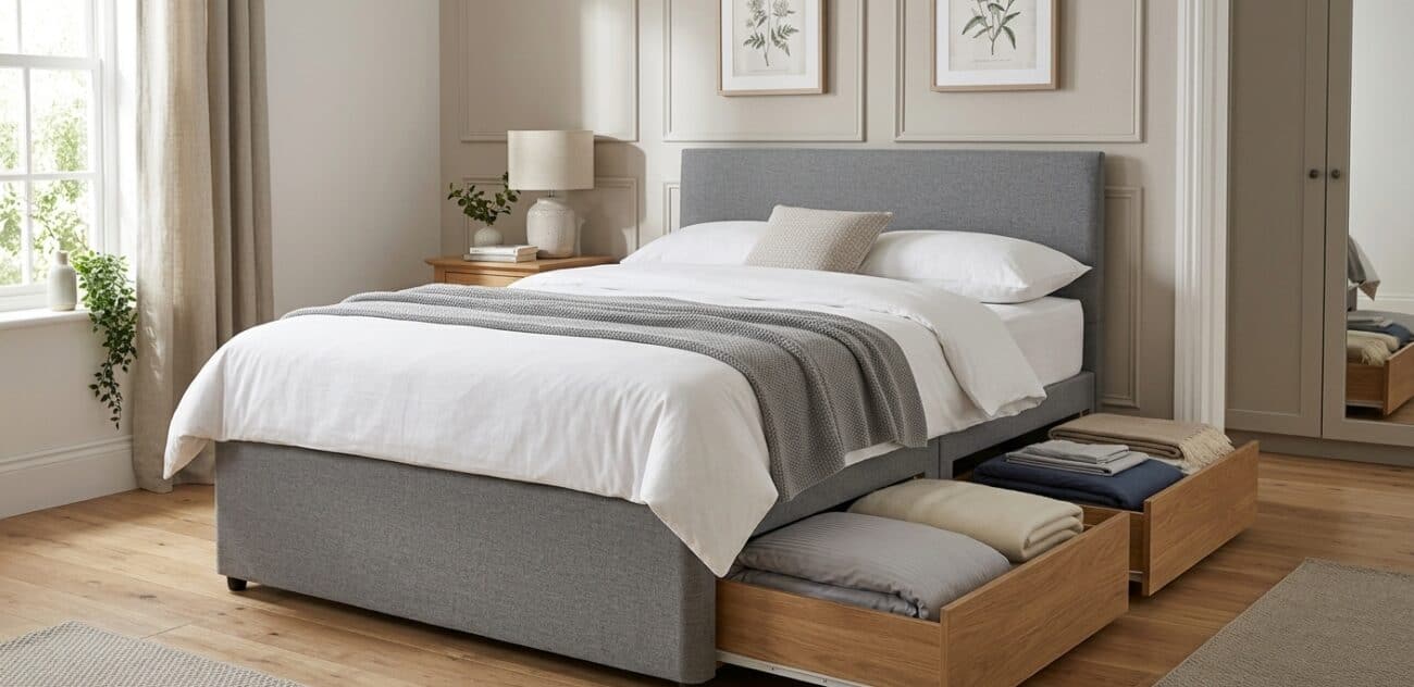 Divan bed with open storage drawers showing organised bedding space