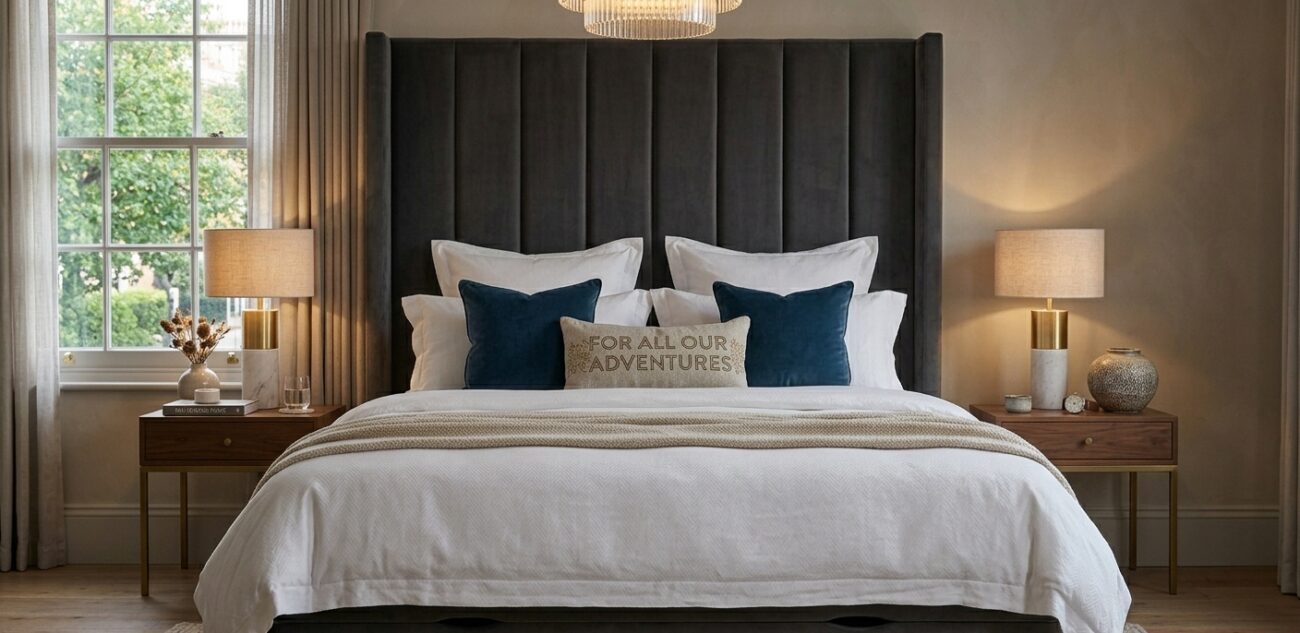 Divan bed with tall velvet headboard in a stylish bedroom