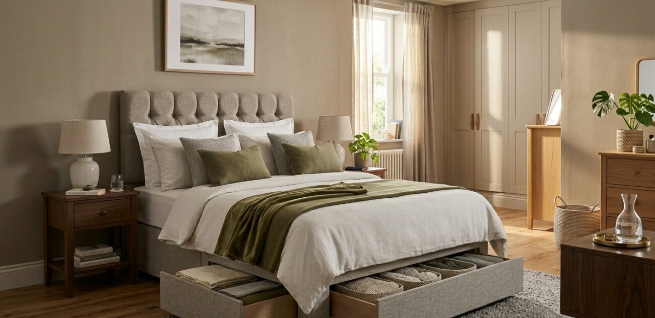 Double divan bed base with drawers in a modern UK bedroomSelect 89 more words to run Humanizer.