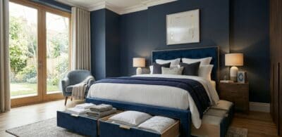 Double divan bed with storage drawers in a modern UK bedroom