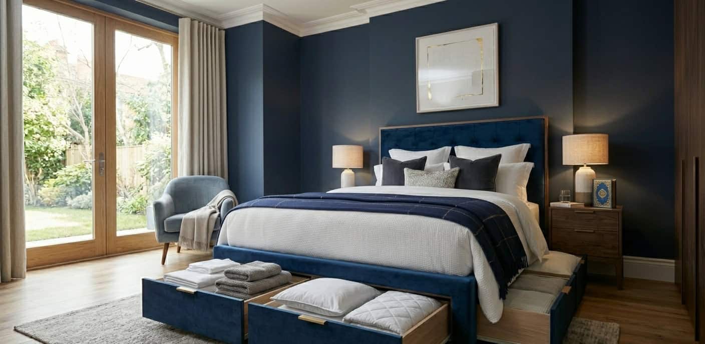 Double divan bed with storage drawers in a modern UK bedroom