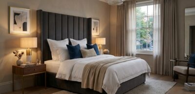 Luxury styled divan bed with upholstered headboard in a modern UK bedroom