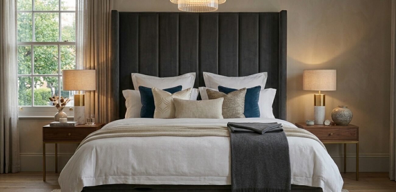 Luxury divan bed with layered pillows and decorative cushions