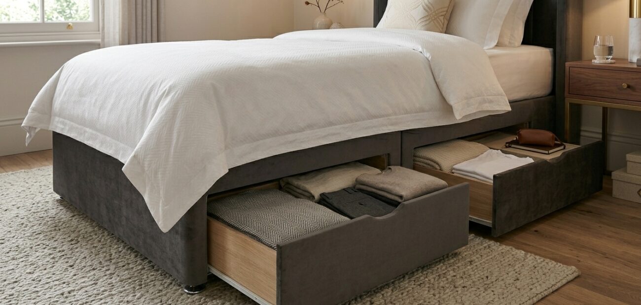 Single divan base with drawers maximizing storage in a small bedroom UK