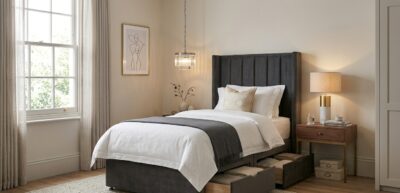 Single divan bed with storage drawers in a small modern UK bedroom with stylish compact layout