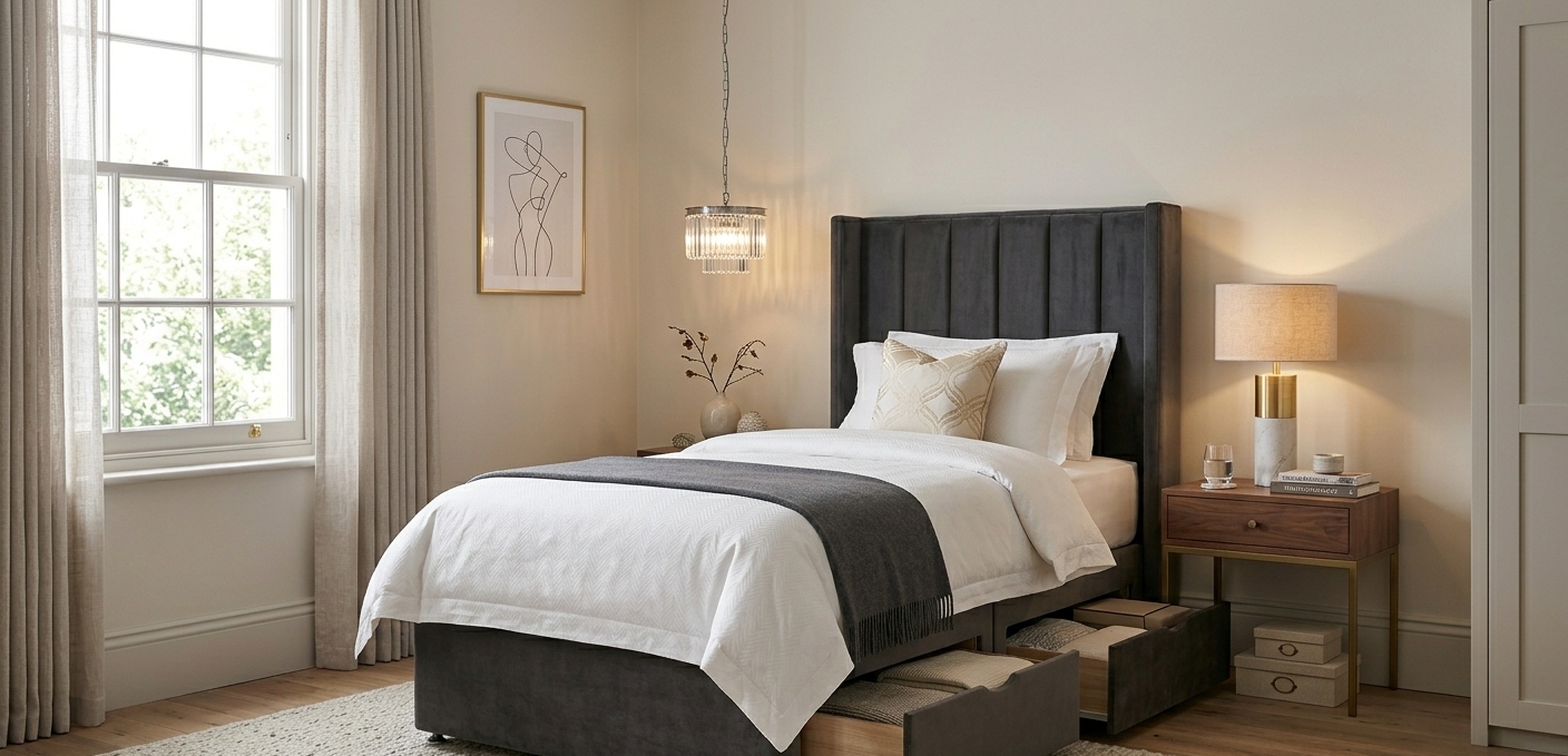 Single divan bed with storage drawers in a small modern UK bedroom with stylish compact layout