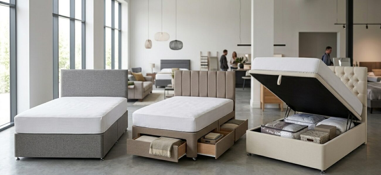 Different types of divan bed bases including storage and ottoman options