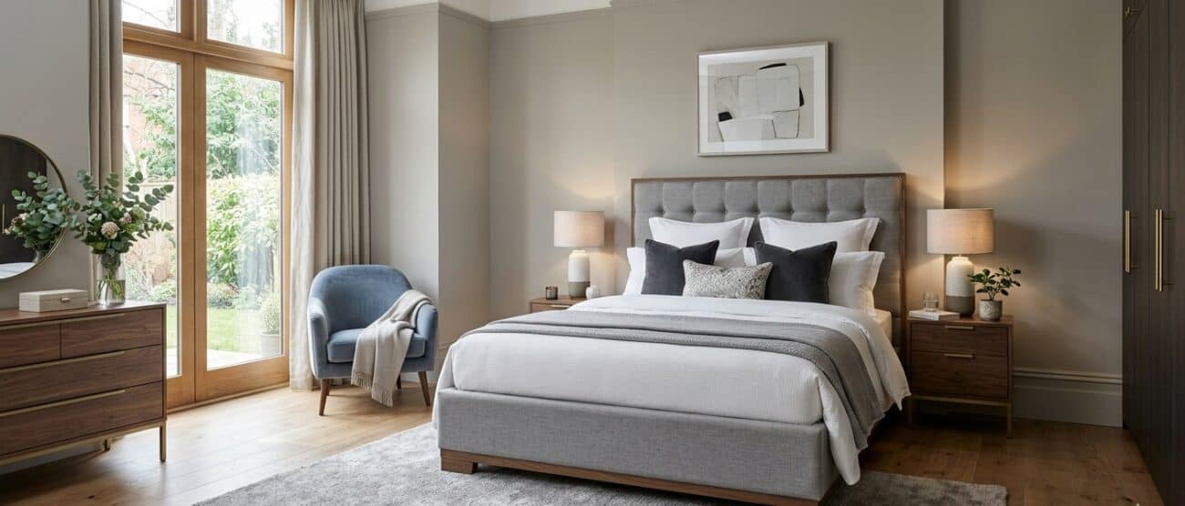 Luxury grey divan bed in a modern UK bedroom with upholstered headboard
