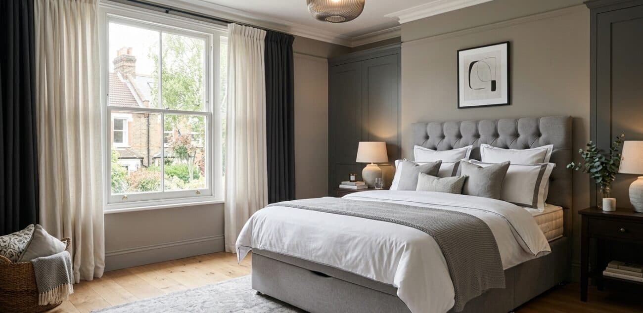 Luxury divan bed in a modern UK bedroom showing stylish upholstered base and headboard