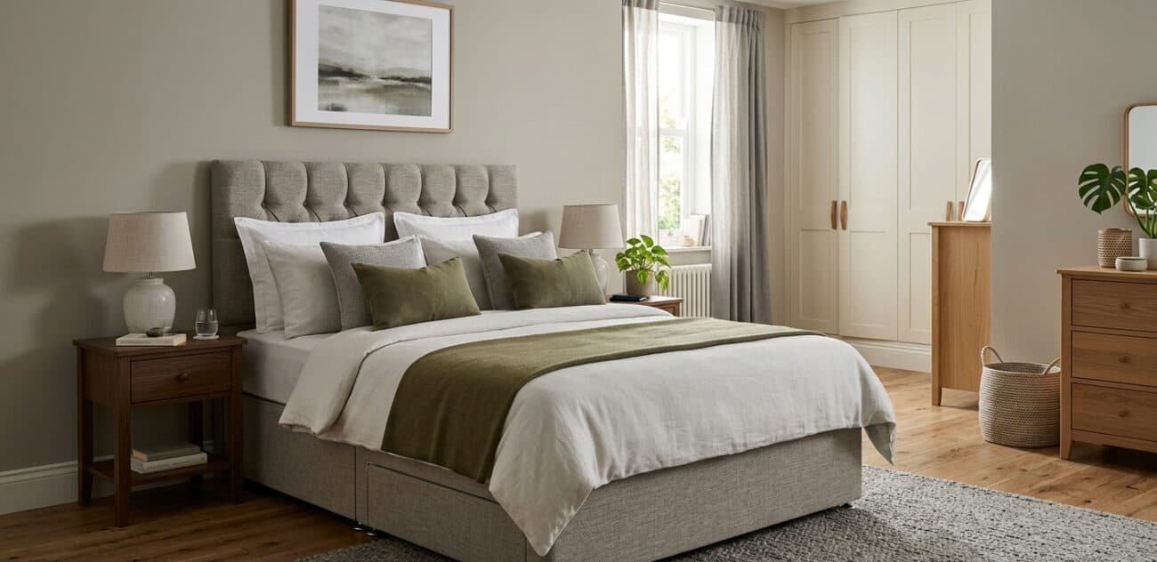 Modern double divan bed in UK bedroom with stylish upholstered base