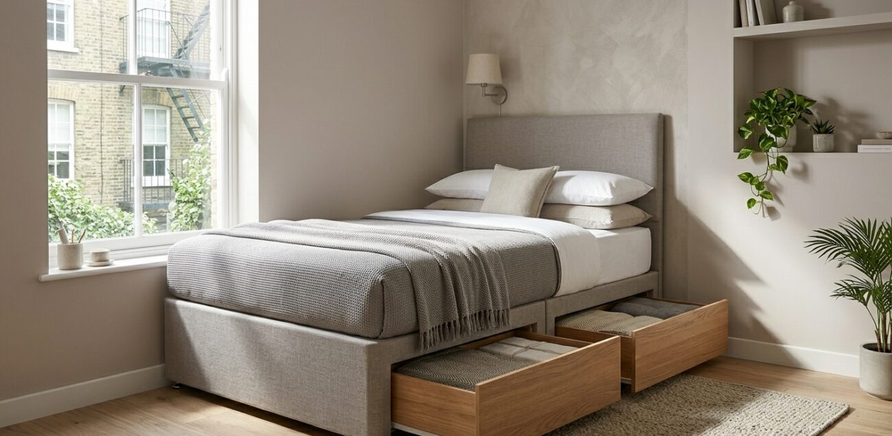 2 drawer divan base with accessible side drawer layout in compact UK bedroom