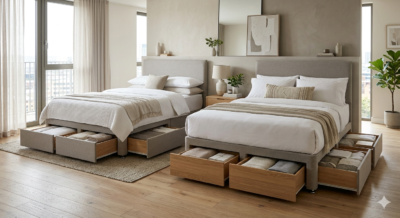 Continental drawer divan base with deep storage drawers in modern UK bedroom