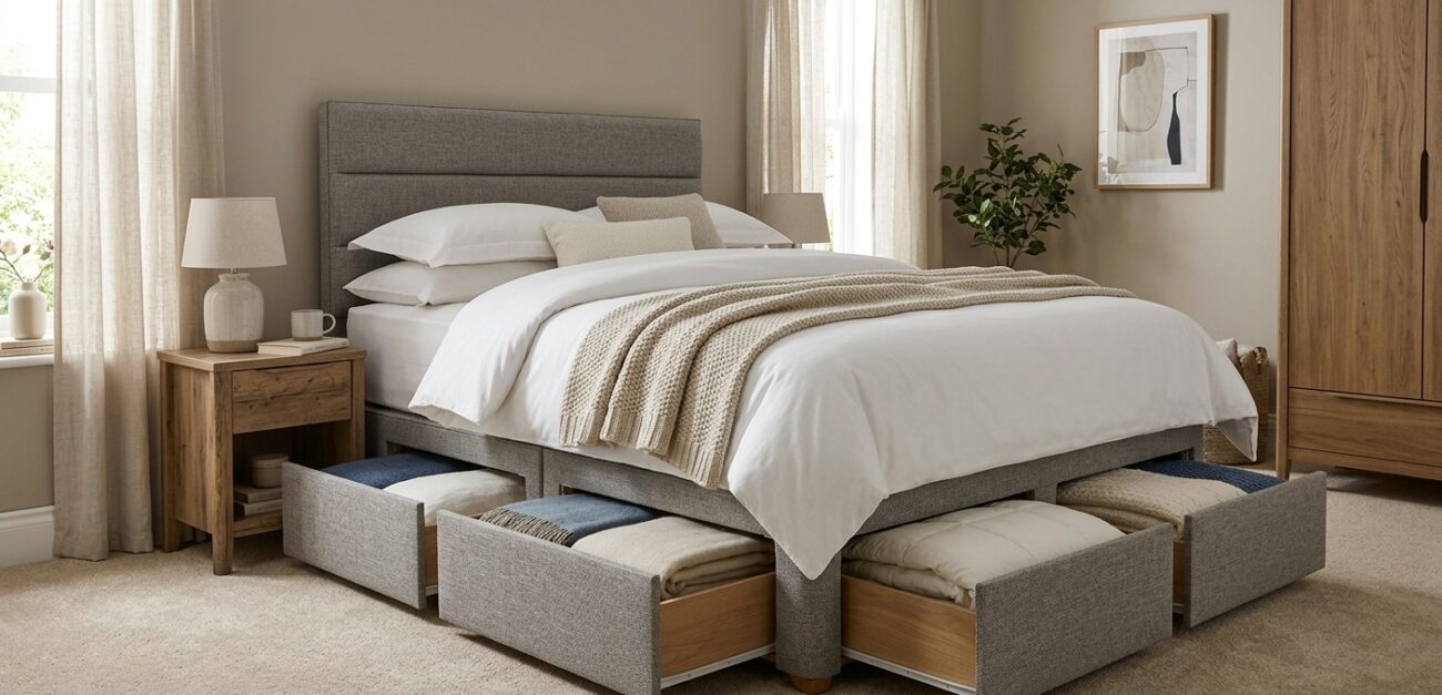 Continental drawer divan base with deep storage drawers in modern UK bedroom