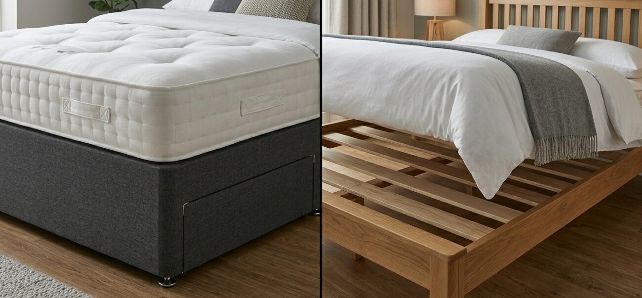 divan base vs bed frame mattress support comparison showing solid bed base UK and slatted frame structure