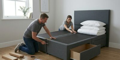 Step by step divan bed assembly guide showing base connection and setup in a UK bedroom