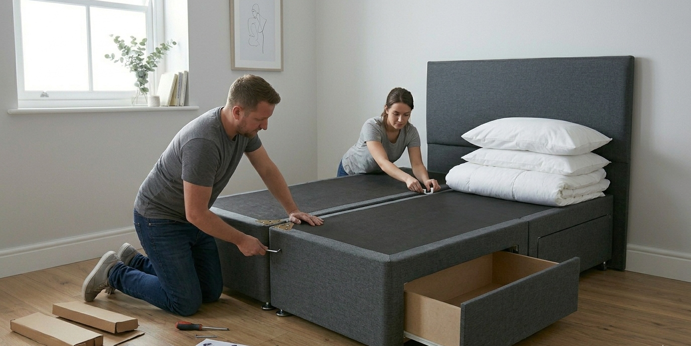 Step by step divan bed assembly guide showing base connection and setup in a UK bedroom