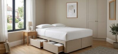 Divan bed base only with drawers in modern UK bedroom setup