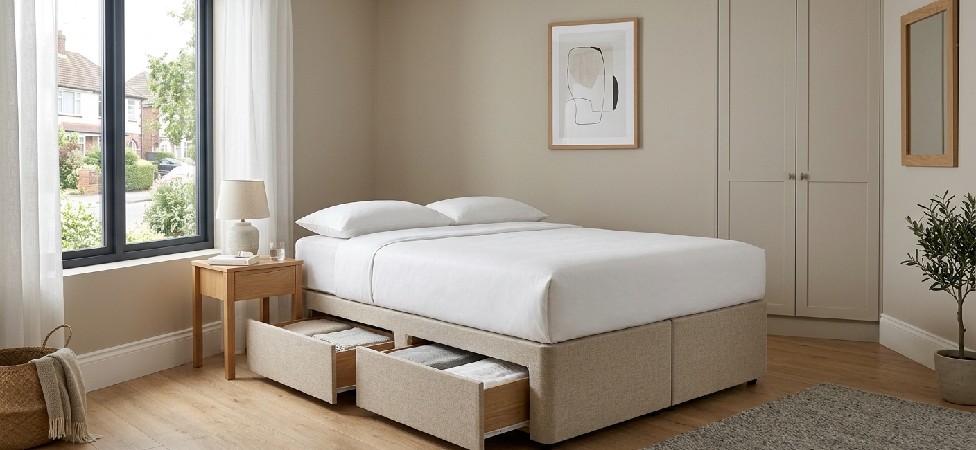 Divan bed base only with drawers in modern UK bedroom setup