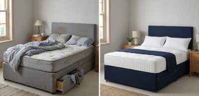 Comparison of old vs new storage divan bed showing lifespan and replacement signs