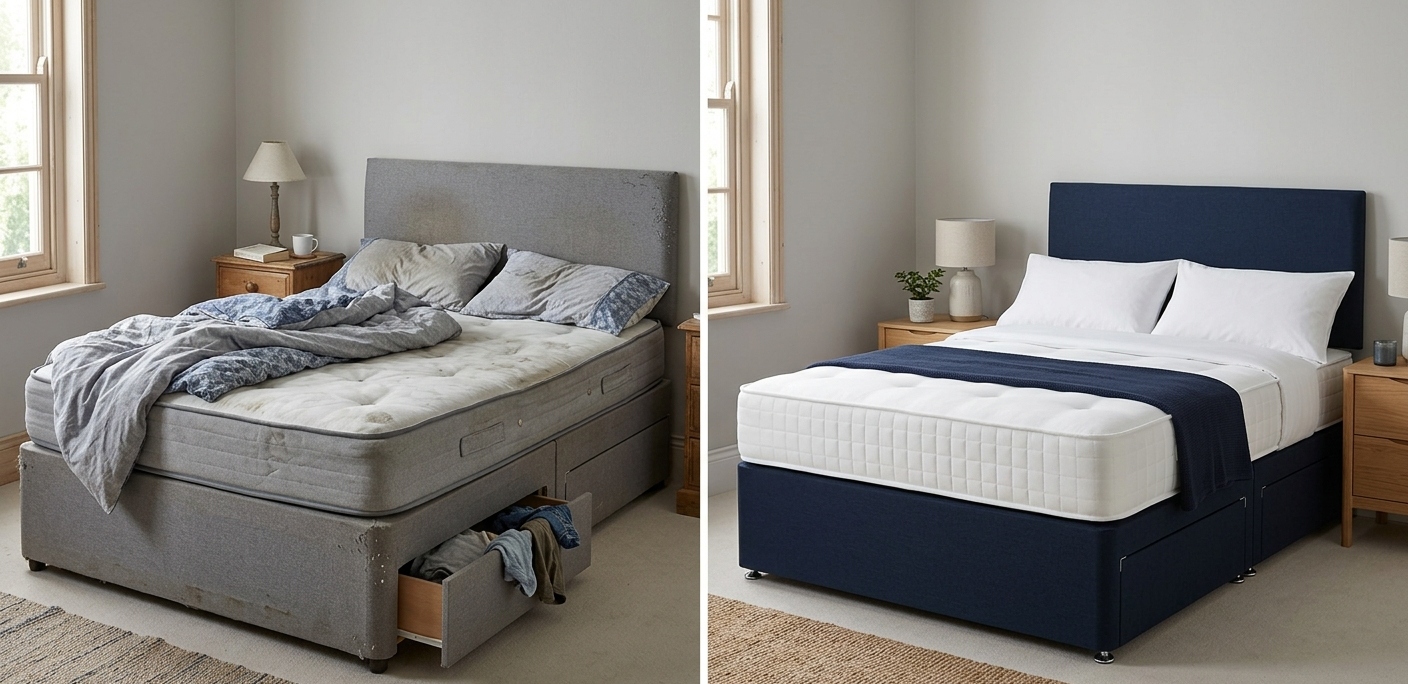 Comparison of old vs new storage divan bed showing lifespan and replacement signs