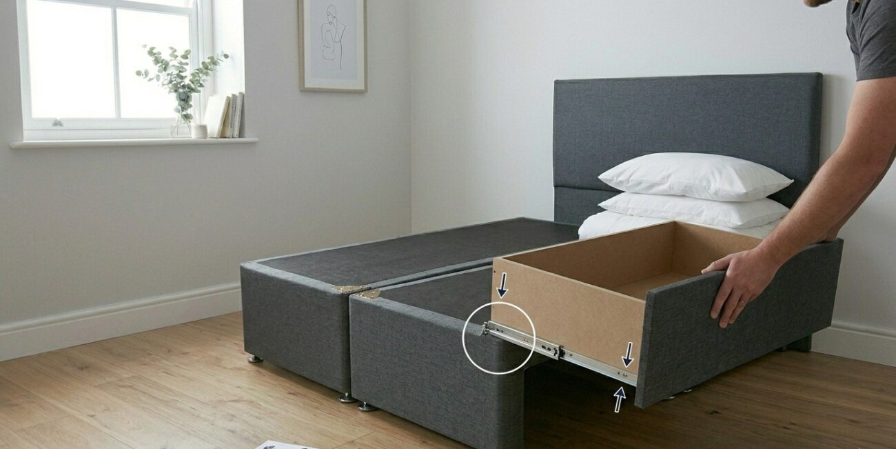 Installing divan bed storage drawers with runner alignment in a UK divan base