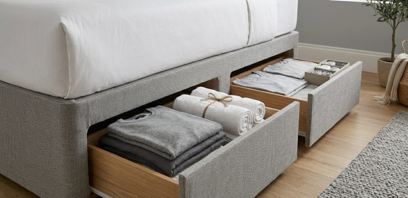 Divan bed with drawers open showing storage space for bedding