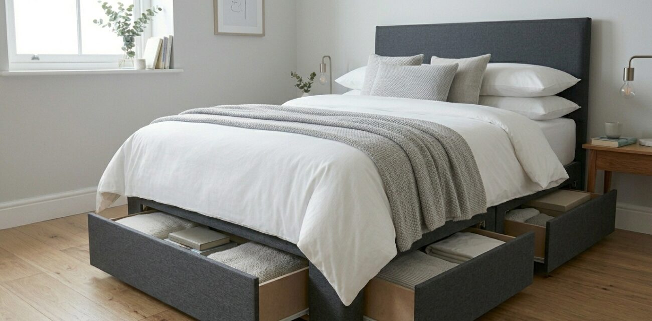 Divan bed with drawers showing under-bed storage solution in a small UK bedroom