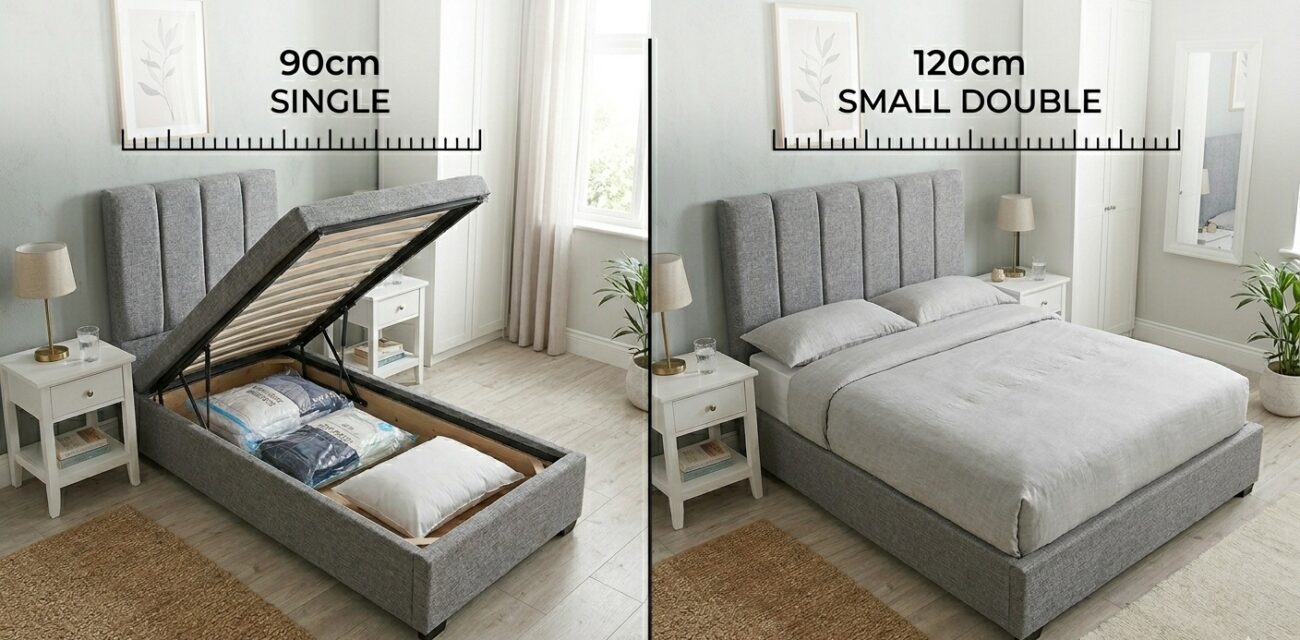 A side-by-side comparison image featuring two modern grey fabric ottoman beds in a bedroom setting. The left panel shows an open 90cm single size ottoman bed with underbed storage revealed, and the right panel shows a made up 120cm small double size ottoman bed.