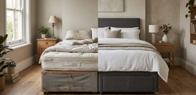 how long does a bed base last UK comparison showing old worn bed base and new quality divan base replacement signs