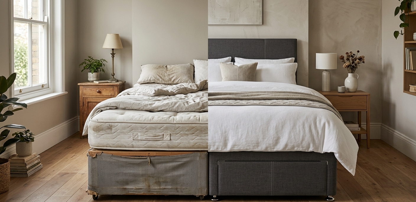 how long does a bed base last UK comparison showing old worn bed base and new quality divan base replacement signs