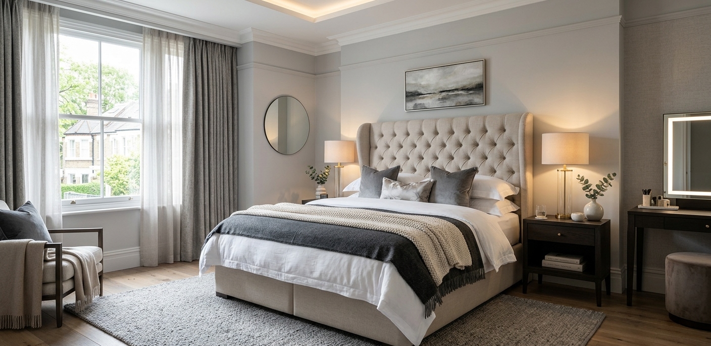 styled ottoman bed super king in luxury UK bedroom with upholstered headboard layered bedding and modern interior design ideas
