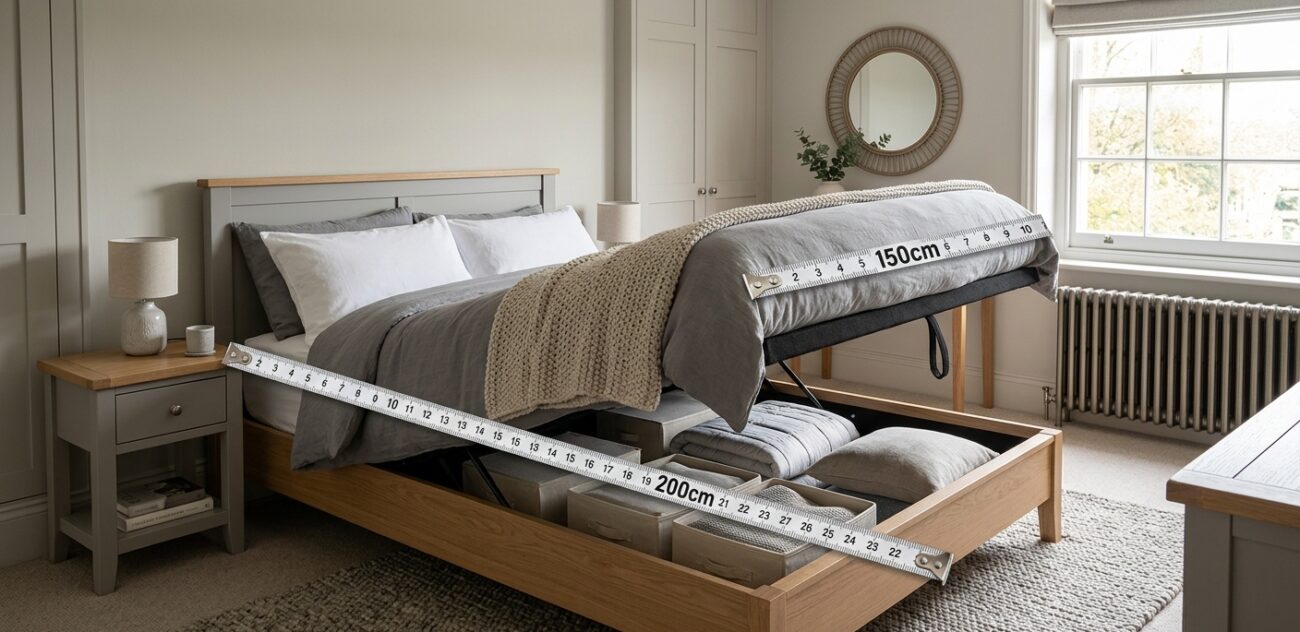 Styled king size ottoman bed in a UK master bedroom shown open with end-opening storage and 150cm x 200cm dimensions overlay.