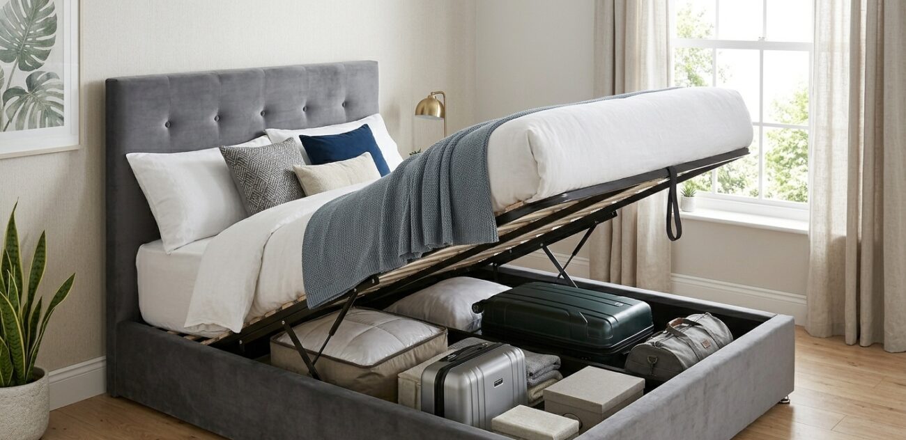 king size ottoman bed with storage open showing under bed space UK