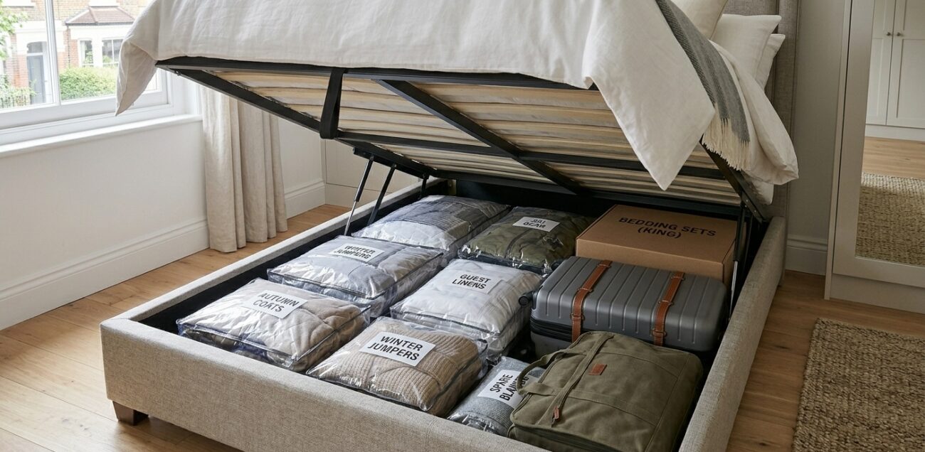 ottoman bed storage solution showing ottoman king size bed hidden storage space for clothes bedding and suitcases in UK bedroom