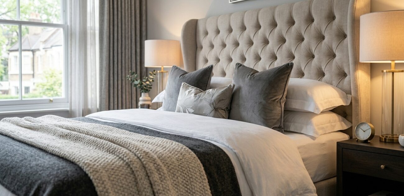 ottoman bed super king styled with luxury bedding layered pillows and throw blanket in modern UK bedroom