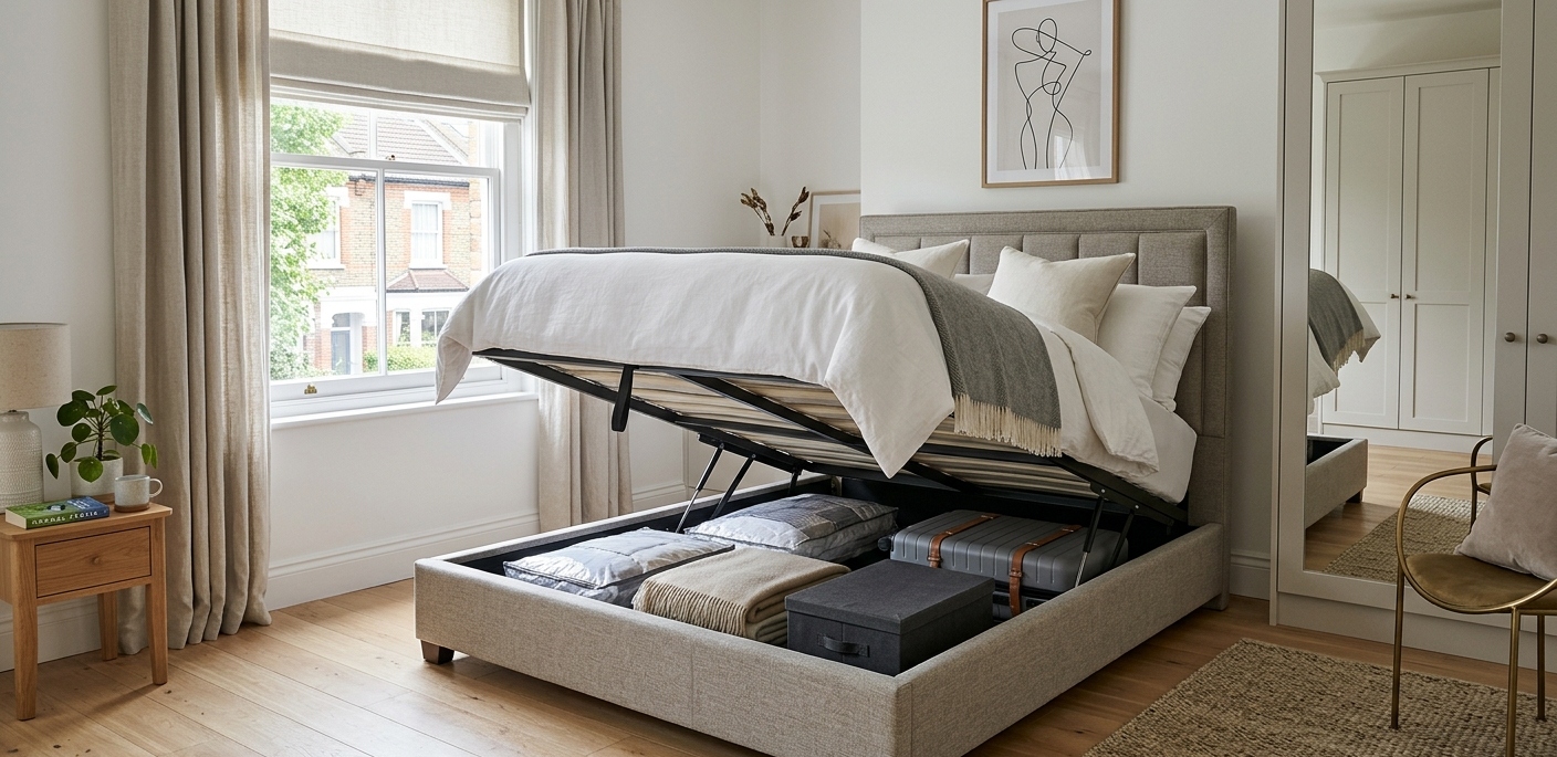 ottoman king size bed with storage open in modern UK bedroom showing luxury ottoman bed investment benefits and organized storage space
