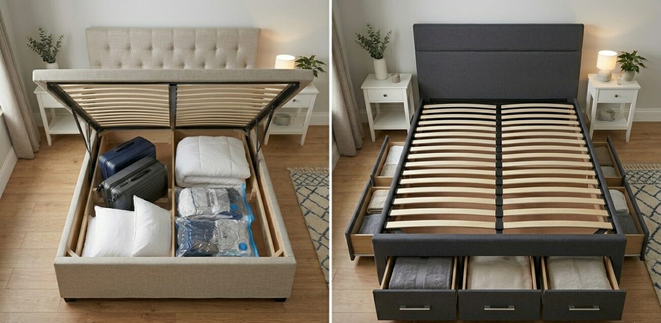 Side-by-side comparison of a beige tufted ottoman bed with open lift-up storage containing suitcases and a charcoal grey divan bed with multiple pull-out storage drawers.