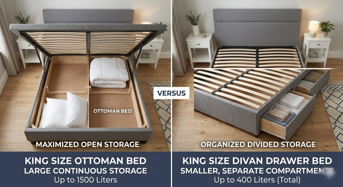 ottoman bed vs divan drawer bed storage comparison UK real measurements