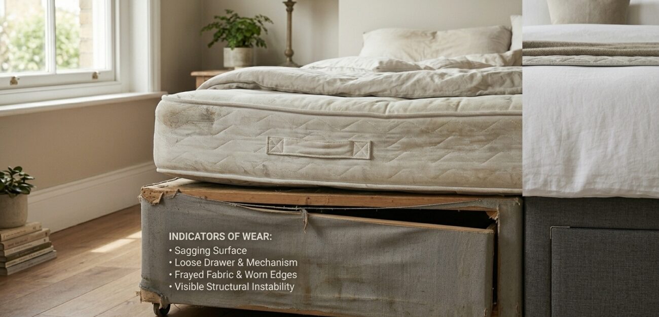 signs your bed base needs replacing including sagging creaking drawers and worn divan base structure in UK bedroom