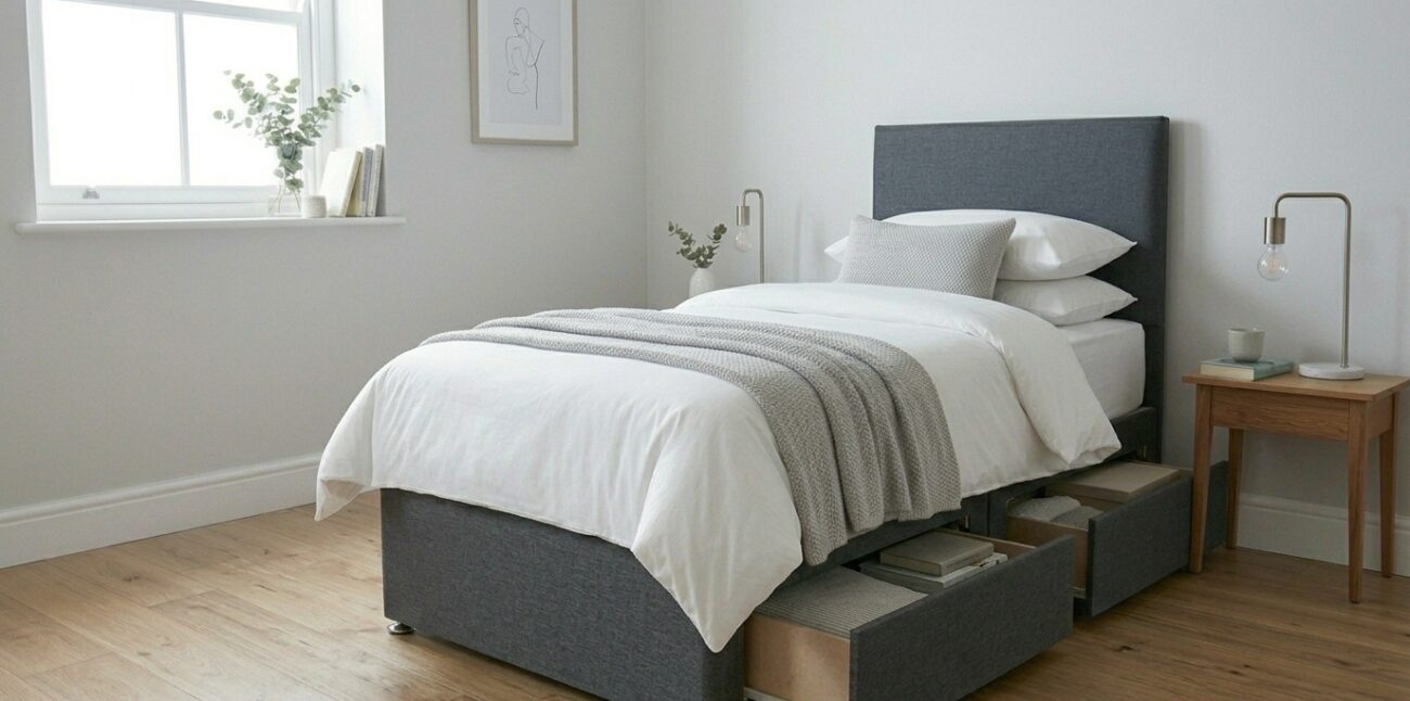 What to Expect at the Under £400 Price Point Setting honest expectations before you shop is important. Here's what you can and can't reasonably expect from a divan bed with storage in this price bracket. What you CAN expect: Solid, reliable internal construction 2 or 4 built-in drawers with smooth-running mechanisms A choice of standard fabric colours; grey, cream, silver, and navy are most common Compatibility with all standard UK mattress types A base that splits into two sections for easy delivery and installation A product that, with reasonable care, will last 7–10 years What you should be realistic about: Premium fabrics like velvet or chenille are unlikely at the very lowest price points; these tend to appear from around £300 upwards Continental drawers (the large, deep drawer version) are less common under £300 but available under £400 Ottoman gas-lift storage at this budget is achievable, but expect simpler fabric options compared to mid-range The sweet spot, where quality, storage, and style all come together reliably, tends to sit between £250 and £380 for a double. That's where most of our picks land. The Best Divan Storage Beds Under £400 in the UK Best Overall: Double Divan Storage Bed with 4 Drawers Price range: £280–£360 (double) Best for: Couples, main bedrooms, anyone who needs maximum drawer storage The double divan with 4 drawers is the single most popular divan storage bed in the UK, and at this price range, it's easy to see why. You get two drawers on each side of the base, giving you four full-sized pull-out storage compartments. For a couple, this is genuinely transformative; each person gets their own side, the room stays organised, and you've effectively added the equivalent of a small chest of drawers without using a centimetre of extra floor space. At this price point, look for smooth drawer runners (not the kind that stick and scrape), a solid timber-framed internal base, and a plain woven fabric covering that's durable enough for daily contact. What to check: Make sure both sides of your bed are accessible before choosing 4 drawers. If one side is against a wall, opt for 2 drawers on the accessible side only; you'll thank yourself later. Best for Small Bedrooms: Single Divan Storage Bed with 2 Drawers Price range: £150–£220 (single) Best for: Children's rooms, teenager's bedrooms, spare rooms, studio flats For single rooms and compact bedrooms, a single divan storage bed with 2 drawers is one of the most practical purchases available at any price point, and under £400, you have plenty of excellent options to choose from. The 2-drawer configuration gives you one drawer on each side, providing solid storage for bedding, clothing, toys, or books without the bulk of a 4-drawer setup in a small space. In a child's room particularly, those two drawers can replace an entire bedside chest, saving you money and floor space simultaneously. At this size and price point, look for a base that sits on smooth-running castors (easier to move for cleaning), a fabric that can handle the slightly rougher treatment that children's bedroom furniture inevitably receives, and clear, simple assembly instructions if it arrives flat-packed. Pro tip: In a child's bedroom, single divan beds are also safer than raised bed frames; the lower profile means a shorter distance from bed to floor, which matters during the early years, especially. Best for Guest Rooms: Small Double Divan Storage Bed Price range: £200–£300 (small double) Best for: Guest bedrooms, spare rooms, rooms that need to feel generous without overwhelming the space A small double divan storage bed (120cm wide) is an underrated choice for guest rooms. It's wider and more comfortable than a single; guests genuinely appreciate the extra space, but it has a smaller footprint than a full double, which means it works beautifully in rooms that can't quite accommodate a 135cm bed comfortably. The 2 drawers give you somewhere to store spare bedding between visits and offer guests a place to unpack during longer stays, a small detail that makes a noticeable difference to how welcome people feel. At this price range, small double divan beds with storage offer excellent value. Look for a neutral fabric colour that works across different bedding choices; a mid-grey, silver, or cream base is the most versatile option. Best Budget Pick: 2-Drawer Double Divan Base Only Price range: £150–£240 (double base only, no mattress) Best for: Buyers who already have a good mattress and just need an upgraded base If your mattress is still in good condition and you're primarily buying to replace a tired base or add storage you don't currently have, a divan storage bed base only is where the real value lives. At this price, you're getting a solid double divan base with 2 built-in drawers, no mattress included, which is exactly the point. Pair it with your existing mattress, add a headboard if you don't have one, and you've completely transformed your bedroom setup for well under £250. The savings here compared to buying a full bed package are significant, and if your mattress is only 3 or 4 years old, there's genuinely no reason to replace it. What to look for: Internal frame construction is everything at this price point. A solid timber frame inside the base is a very different product from one built around thin chipboard. Ask the retailer what's inside if it isn't clearly stated.