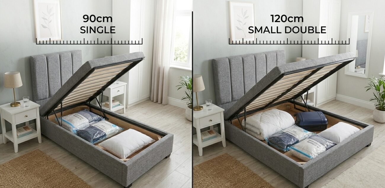 single ottoman bed vs small double ottoman bed size comparison UK