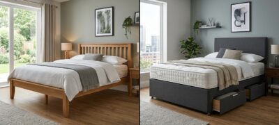 slatted bed frame vs divan base comparison in modern UK bedroom showing mattress support and bed base differences